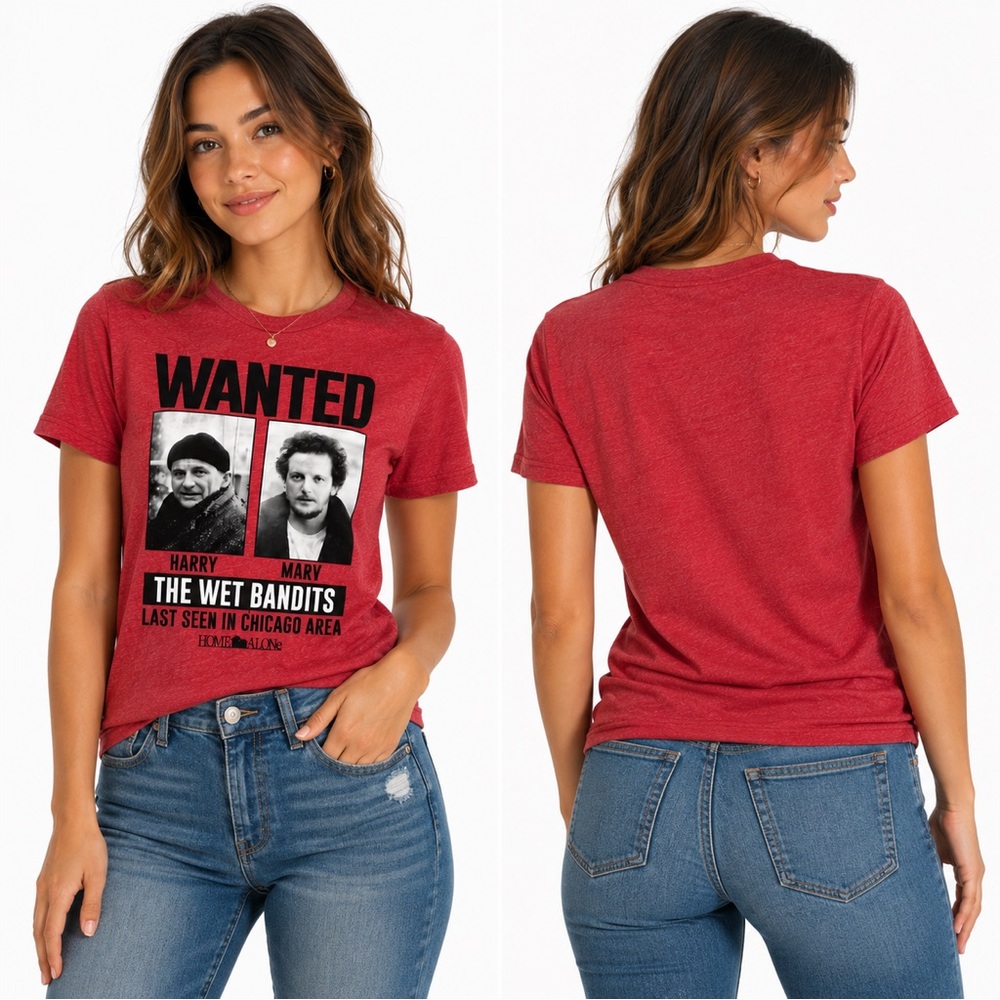 Home Alone the Wet Bandits Wanted Poster Red Christmas Short Sleeve T-shirt Sz S